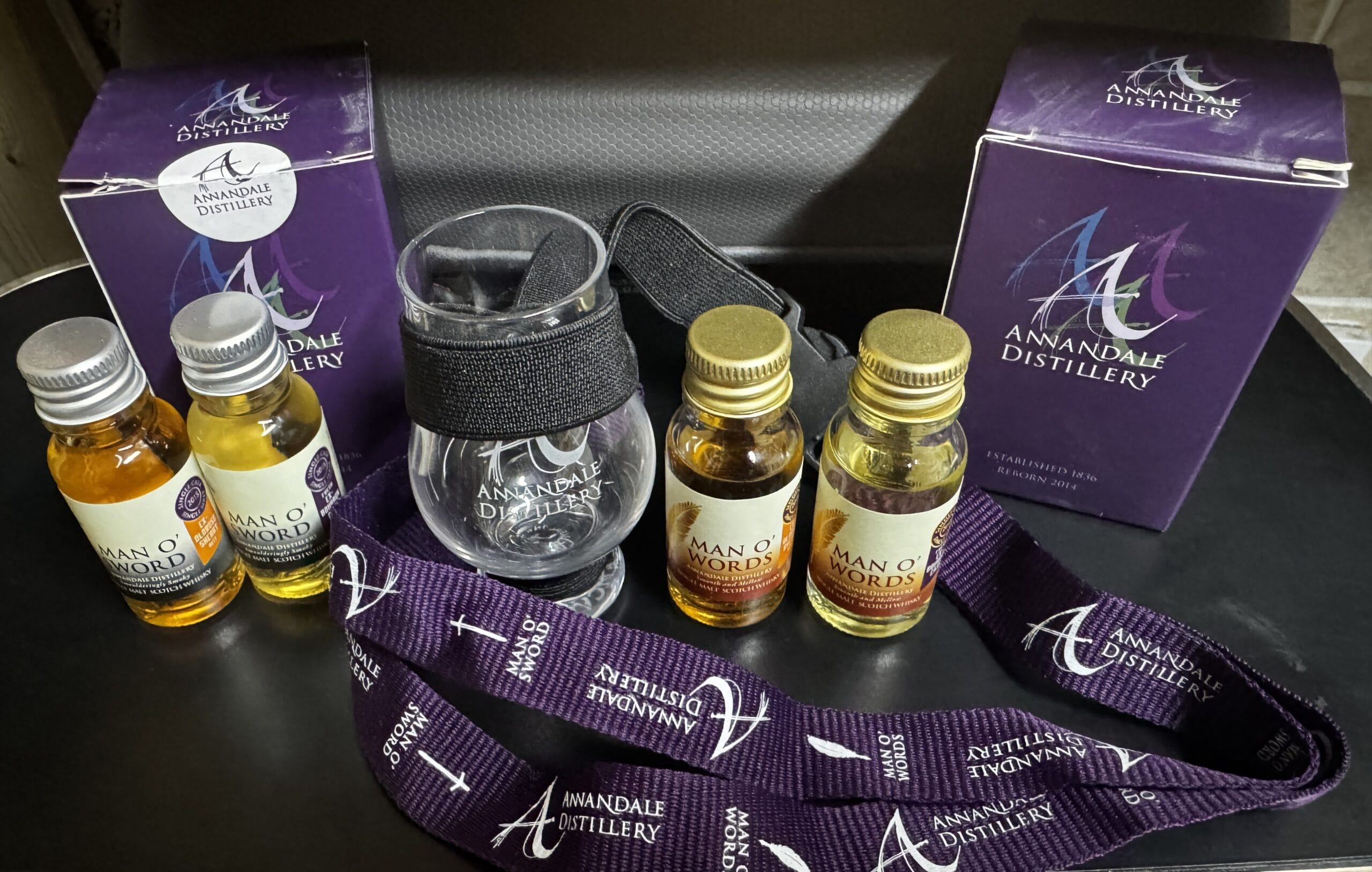 Annandale Distillery whisky tasting miniatures and branded glassware provided on Scotch whisky distillery tours