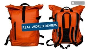 Stubble Co Rolltop review featured image showing front and back views of the orange 20L rolltop backpack
