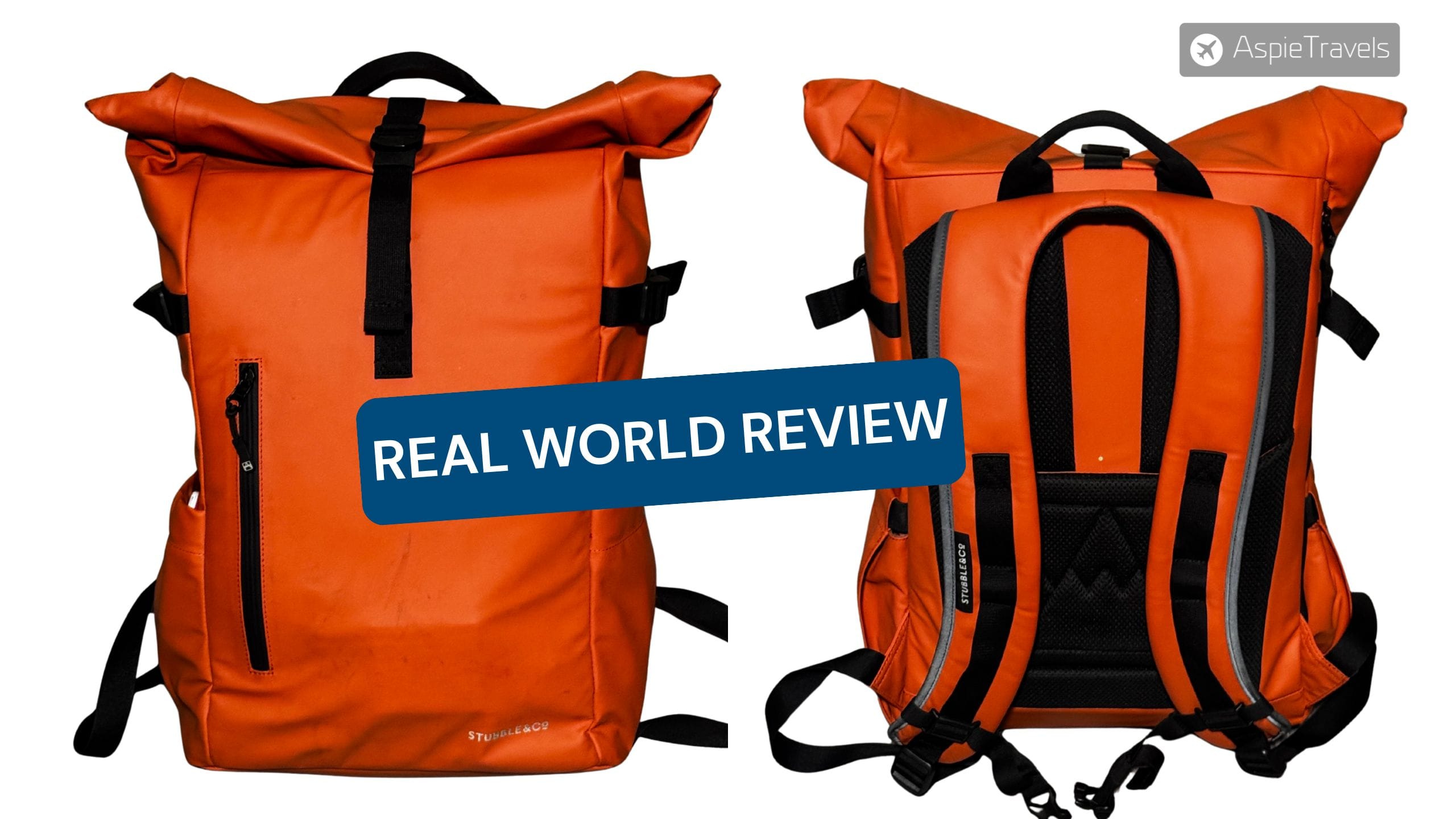 Stubble Co Rolltop review featured image showing front and back views of the orange 20L rolltop backpack