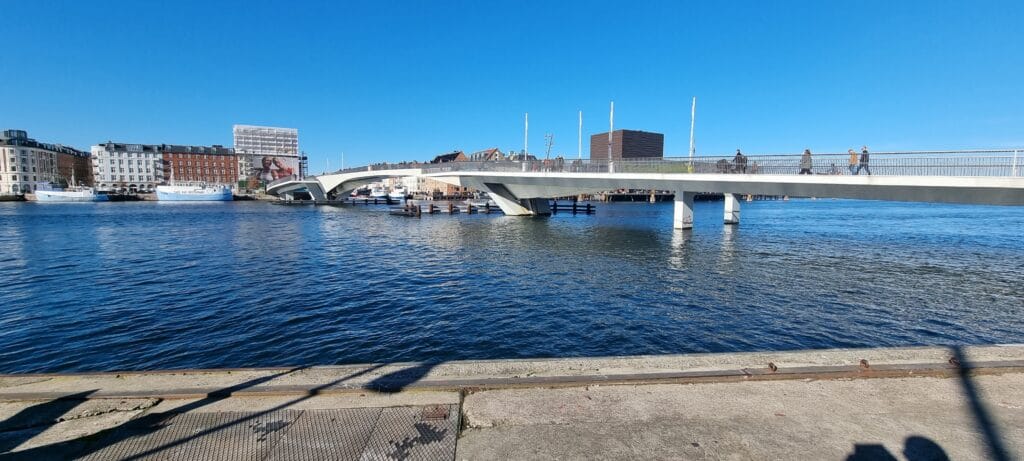 Modern pedestrian and cycle bridge crossing Copenhagen harbour on my Copenhagen walking tour