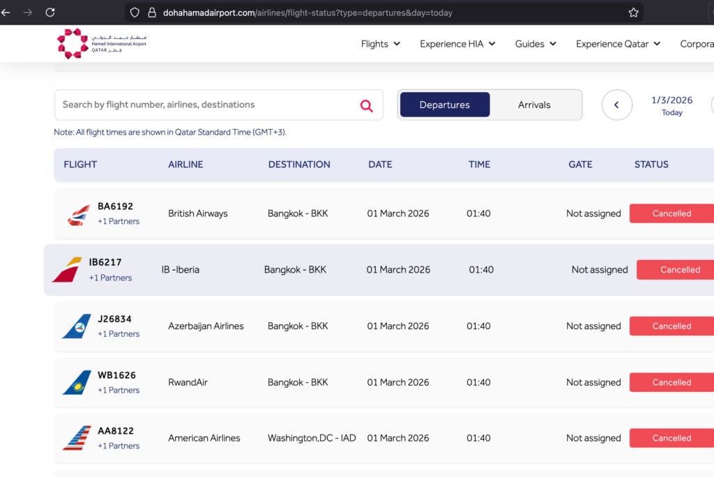 Regional airspace closures affecting departures at Doha Hamad International Airport
