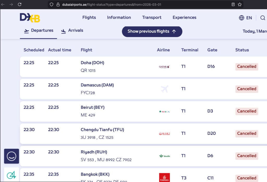 Flight cancellations on the Dubai International departures board during regional airspace closures