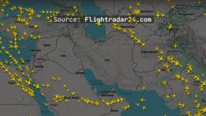Regional airspace closures affecting Gulf transit routes shown on Flightradar24 live flight map