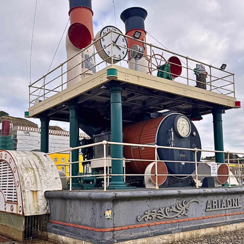 Ariadne Steam Clock on the harbour front in St Helier, Jersey, commemorating the steamship Ariadne and Jersey’s maritime history