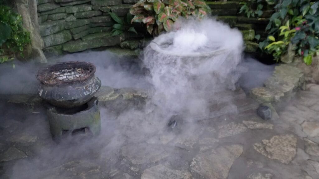 Steaming water feature in the garden at Hidden Garden Vigan City