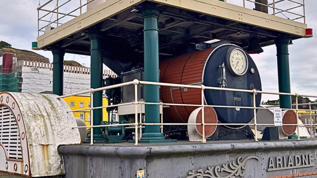 St Helier Steam Clock in Jersey harbour showing the Ariadne mechanism and maritime landmark structure
