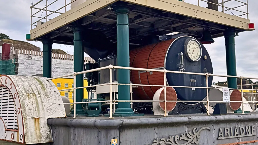 St Helier Steam Clock in Jersey harbour showing the Ariadne mechanism and maritime landmark structure