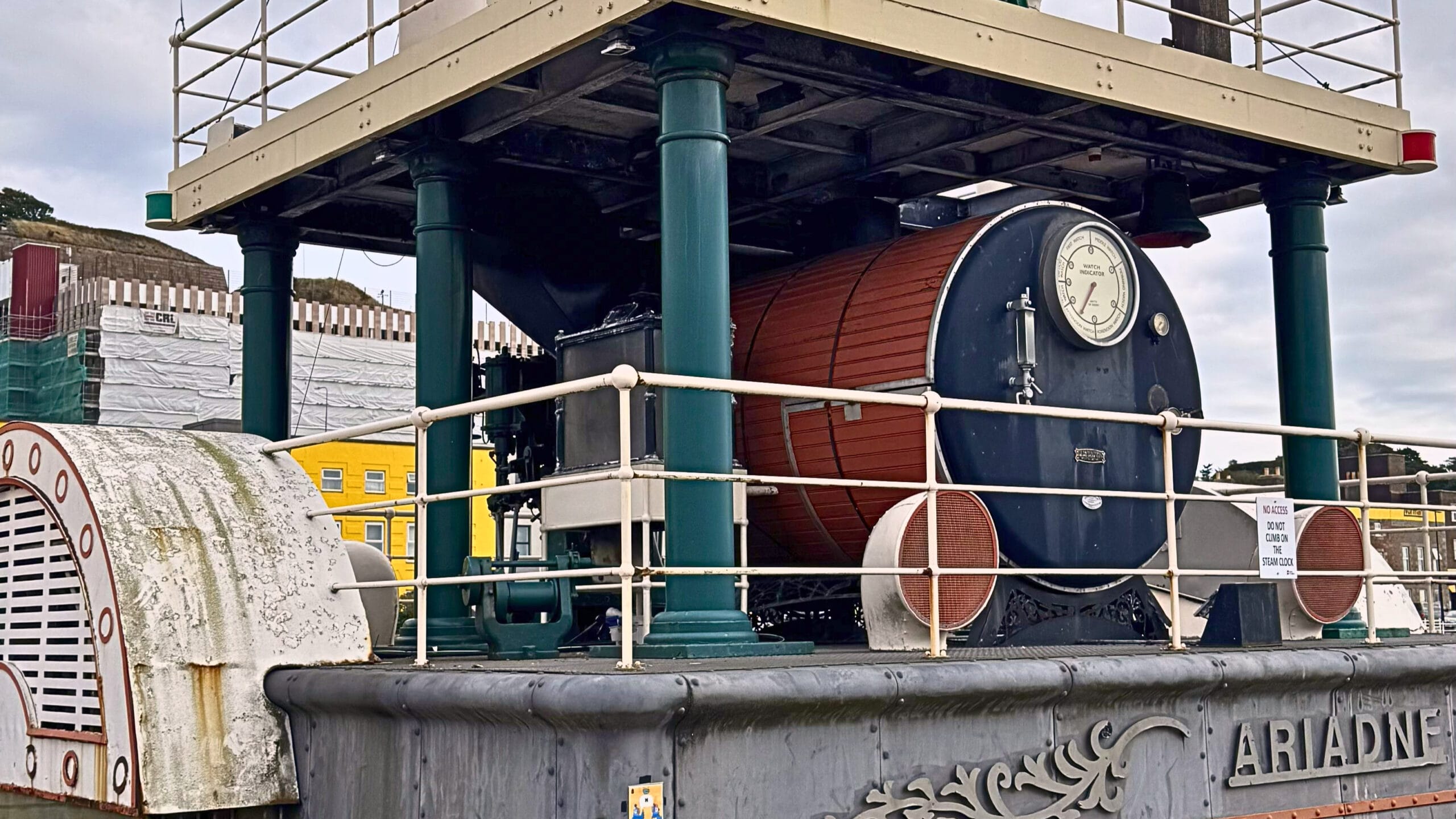 St Helier Steam Clock in Jersey harbour showing the Ariadne mechanism and maritime landmark structure
