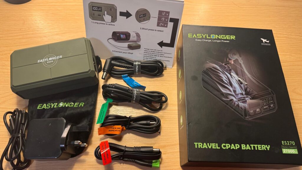 CPAP battery rules: Easylonger ES270 travel CPAP battery with its DC cables, charger and retail box