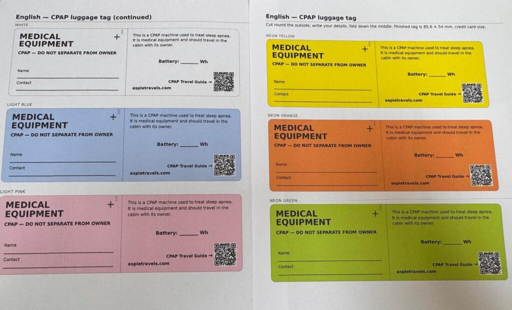 CPAP luggage tag printable sheets in English, six colors, each marked Medical Equipment, do not separate from owner