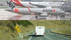 Passenger jets parked at an airport above a motorhome on a road trip along a winding hillside road