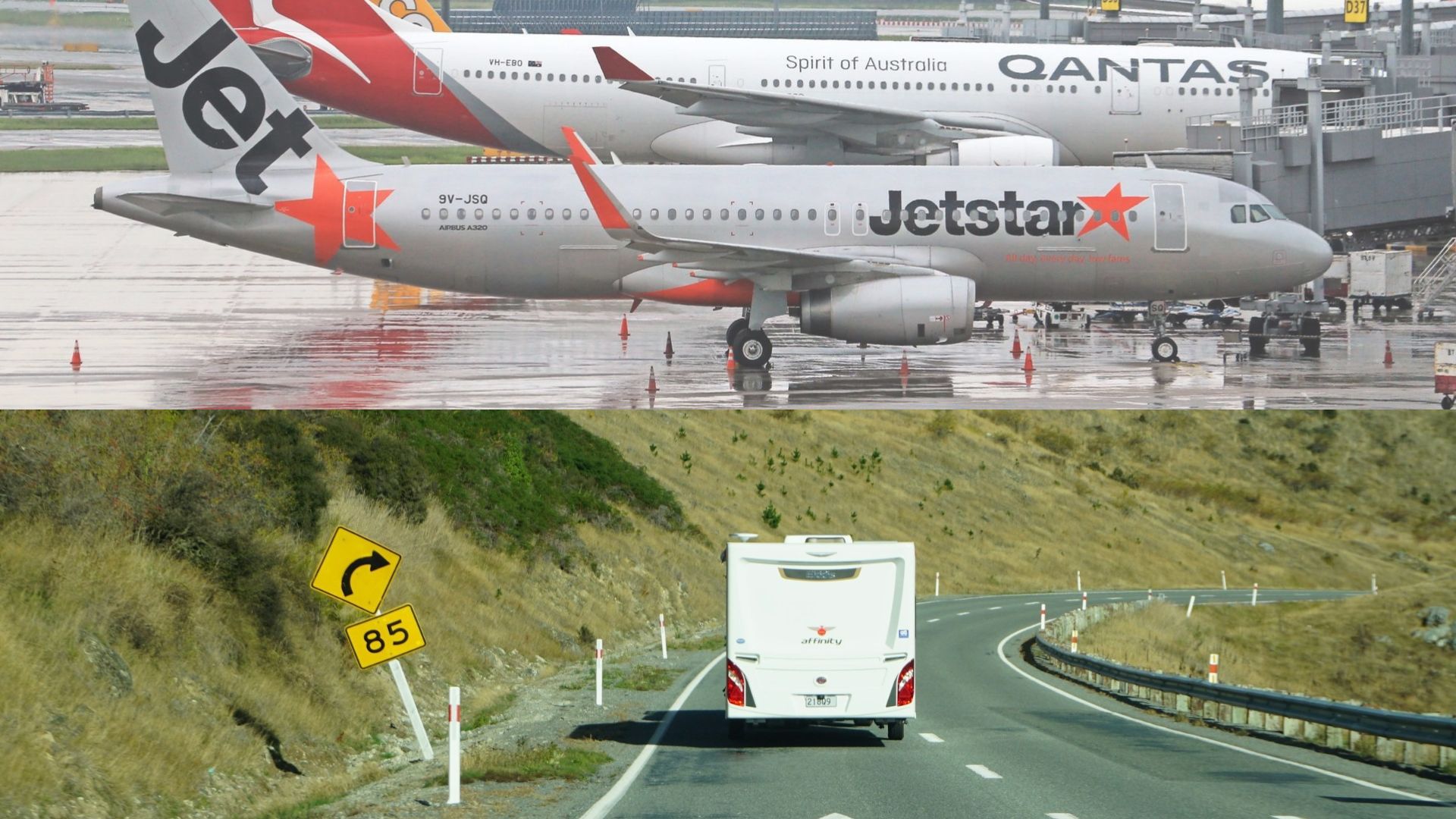 Passenger jets parked at an airport above a motorhome on a road trip along a winding hillside road